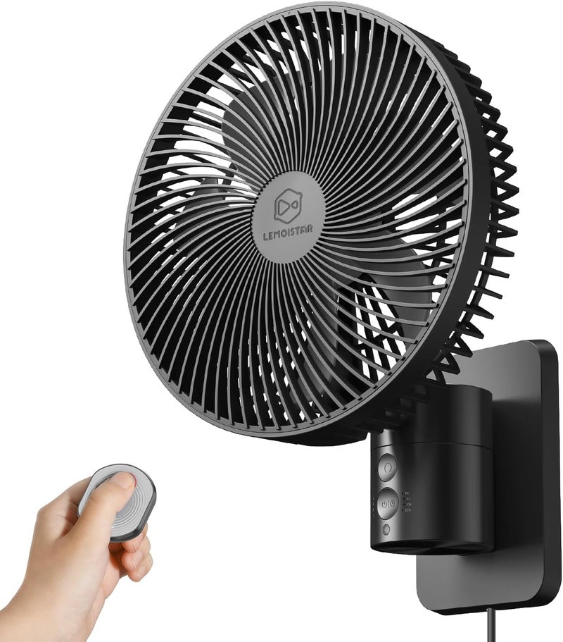 LEMOISTAR 8 Inch Small Wall Mounted RV Fan with Remote Control, 90° Oscillating, 4 Speeds, 4 Timer, Adjustable Tilt, 70 Inch Cord, Quiet, for Corner Bedroom Home Office Garage - Image 1